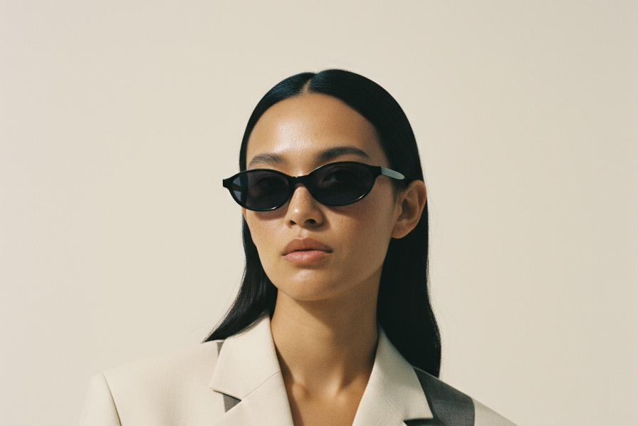 Woman wearing a beige blazer over a gray suit with sunglasses on a plain background
